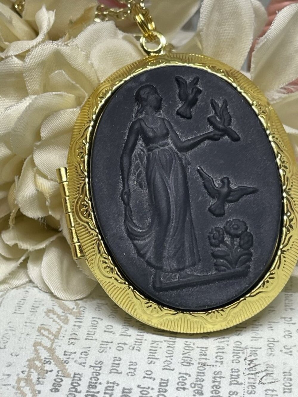 Gold  BLACK Neoclassical Slate Carved Bird Lady Dove Necklace Locket Jewelry